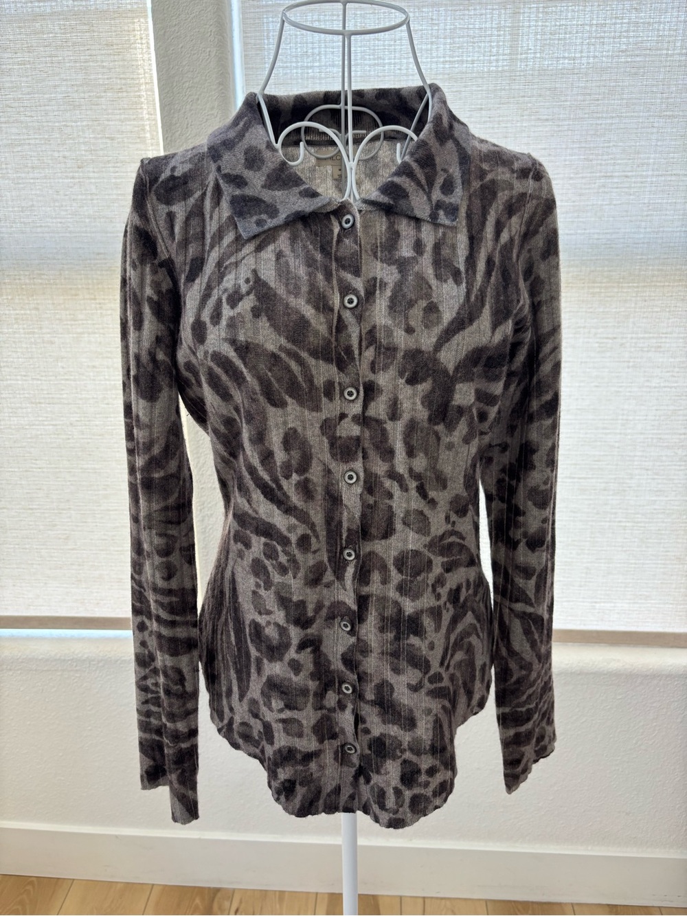 Anthropologie Pilcro Cashmere Rib Cardigan Sweater Animal Leopard Gray Medium